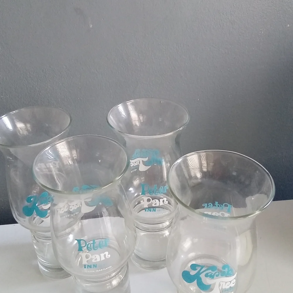 Vintage 1976 Peter Pan Inn Kapok Tree Inn‎ Hurricane Cocktail Glasses Set of 4